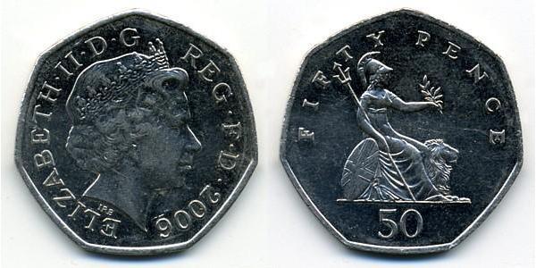 50 Penny Reino Unido (1922-) Níquel/Cobre Isabel II (1926-2022)
