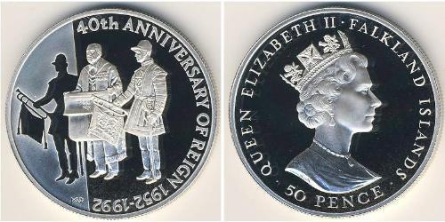 50 Penny Islas Malvinas Plata Isabel II (1926-2022)