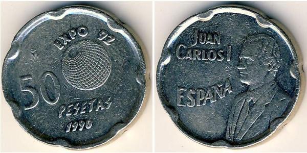 50 Peseta Kingdom of Spain (1976 - ) Copper/Nickel Juan Carlos I of Spain (1938 - )