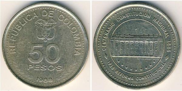 50 Peso Republic of Colombia (1886 - ) Copper/Nickel 