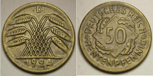 50 Pfennig / 50 Reichpfennig Weimarer Republik (1918-1933) Messing 
