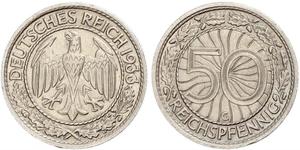 50 Pfennig / 50 Reichpfennig República de Weimar (1918-1933) Níquel/Cobre 