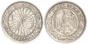 50 Pfennig / 50 Reichpfennig República de Weimar (1918-1933) Níquel/Cobre 