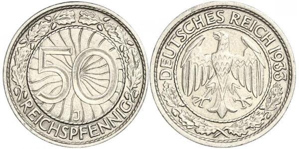 50 Pfennig / 50 Reichpfennig Repubblica di Weimar (1918-1933) Rame/Nichel 