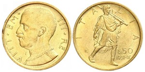 50 Лира Kingdom of Italy (1861-1946) Золото Виктор Эммануил III (1869 - 1947)