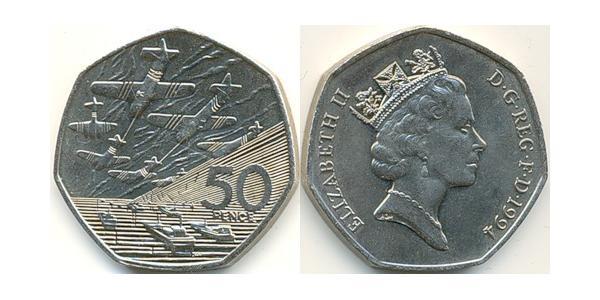 50 Пенни Великобритания (1922-) Никель/Медь Елизавета II (1926-2022)