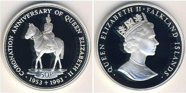 50 Пені Фолклендські острови Срібло Єлизавета II (1926-2022)
