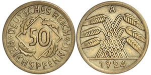 50 Пфенниг / 50 Рейхспфенниг Веймарская республика (1918-1933) Латунь 