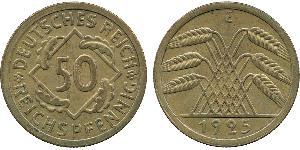 50 Пфенниг / 50 Рейхспфенниг Веймарская республика (1918-1933) Латунь 