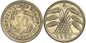 50 Пфенниг / 50 Рейхспфенниг Веймарская республика (1918-1933) Латунь 