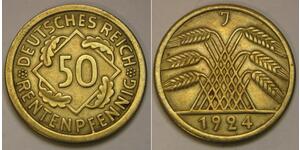50 Пфенниг / 50 Рейхспфенниг Веймарская республика (1918-1933) Латунь 
