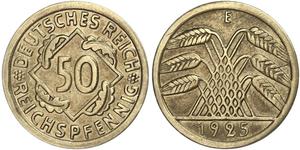 50 Пфенниг / 50 Рейхспфенниг Веймарская республика (1918-1933) Латунь 