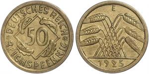50 Пфенниг / 50 Рейхспфенниг Веймарская республика (1918-1933) Латунь 