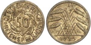 50 Пфенниг / 50 Рейхспфенниг Веймарская республика (1918-1933) Латунь 