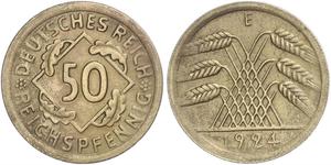 50 Пфенниг / 50 Рейхспфенниг Веймарская республика (1918-1933) Латунь 