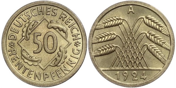 50 Пфенниг / 50 Рейхспфенниг Веймарская республика (1918-1933) Латунь 