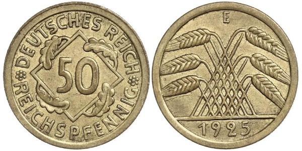 50 Пфенниг / 50 Рейхспфенниг Веймарская республика (1918-1933) Латунь 