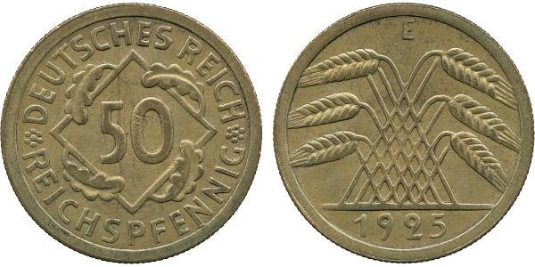 50 Пфенниг / 50 Рейхспфенниг Веймарская республика (1918-1933) Латунь 