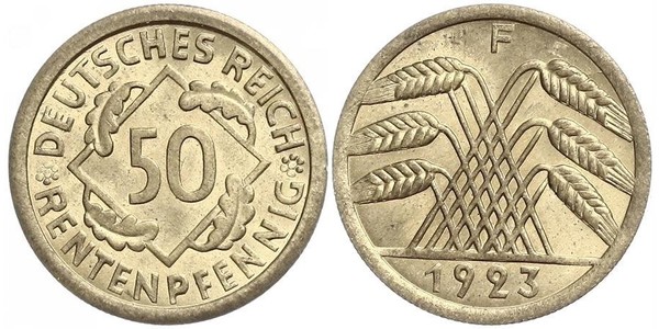 50 Пфенниг / 50 Рейхспфенниг Веймарская республика (1918-1933) Латунь 