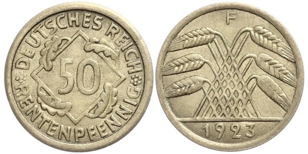 50 Пфенниг / 50 Рейхспфенниг Веймарская республика (1918-1933) Латунь 