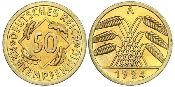 50 Пфенниг / 50 Рейхспфенниг Веймарская республика (1918-1933) Латунь 