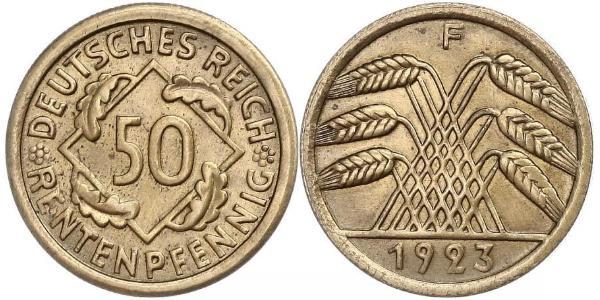 50 Пфенниг / 50 Рейхспфенниг Веймарская республика (1918-1933) Латунь 