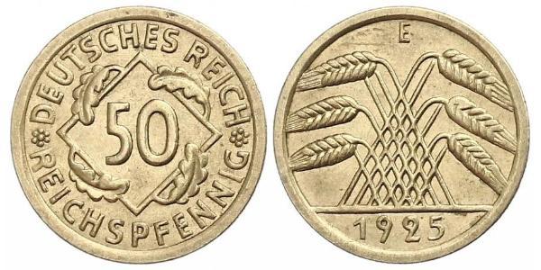 50 Пфенниг / 50 Рейхспфенниг Веймарская республика (1918-1933) Латунь 