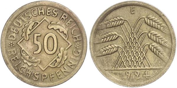 50 Пфенниг / 50 Рейхспфенниг Веймарская республика (1918-1933) Латунь 