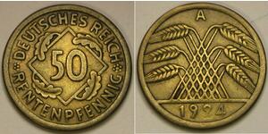 50 Рейхспфеніг / 50 Пфеніг Веймарська республіка (1918-1933) Латунь 