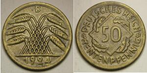 50 Рейхспфеніг / 50 Пфеніг Веймарська республіка (1918-1933) Латунь 