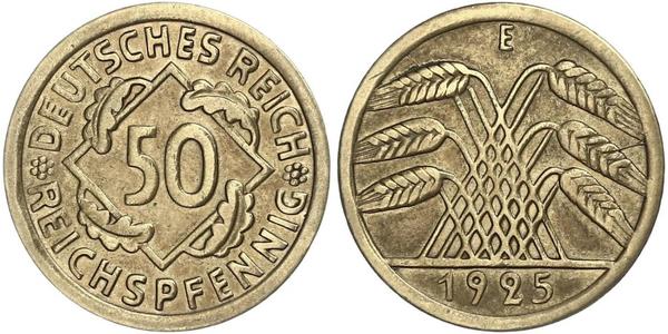 50 Рейхспфеніг / 50 Пфеніг Веймарська республіка (1918-1933) Латунь 