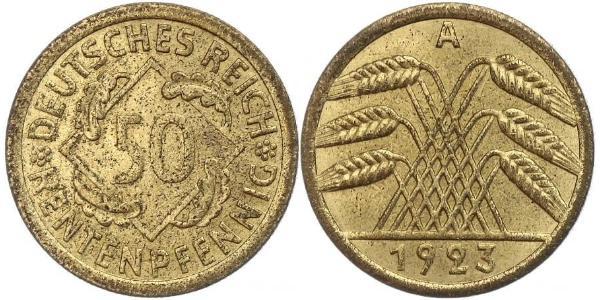 50 Рейхспфеніг / 50 Пфеніг Веймарська республіка (1918-1933) Латунь 