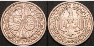 50 Рейхспфеніг / 50 Пфеніг Веймарська республіка (1918-1933) Нікель/Мідь 