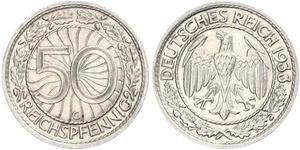 50 Рейхспфеніг / 50 Пфеніг Веймарська республіка (1918-1933) Нікель/Мідь 