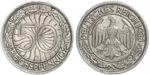 50 Рейхспфеніг / 50 Пфеніг Веймарська республіка (1918-1933) Нікель/Мідь 