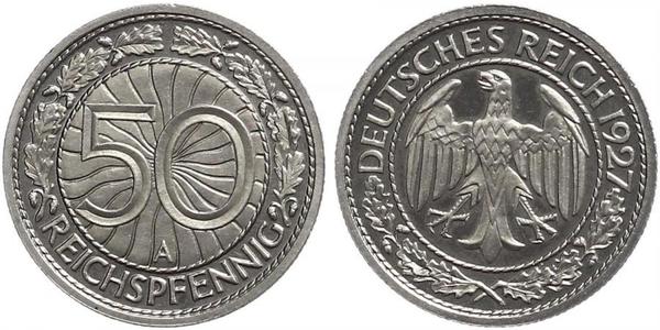 50 Рейхспфеніг / 50 Пфеніг Веймарська республіка (1918-1933) Нікель/Мідь 