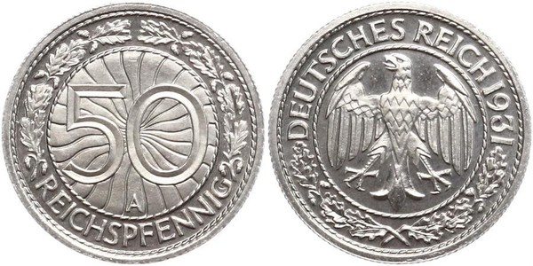 50 Рейхспфеніг / 50 Пфеніг Веймарська республіка (1918-1933) Нікель/Мідь 