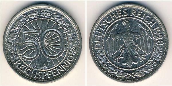 50 Рейхспфеніг / 50 Пфеніг Веймарська республіка (1918-1933) Нікель/Мідь 