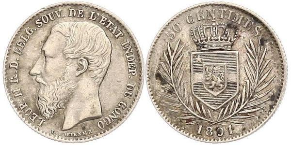 50 Сантім Вільна держава Конго (1885 - 1908) Срібло Леопольд II (1835 - 1909)