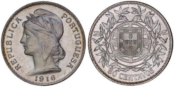 50 Сентаво Первая Португальская республика (1910 - 1926) Серебро 