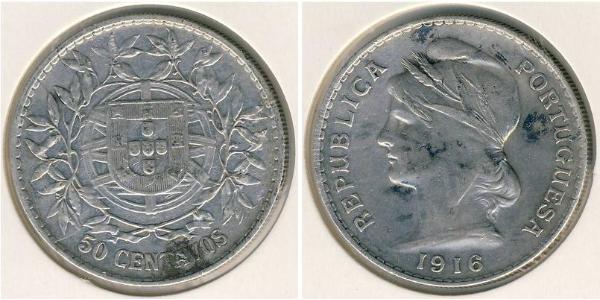 50 Сентаво Первая Португальская республика (1910 - 1926) Серебро 