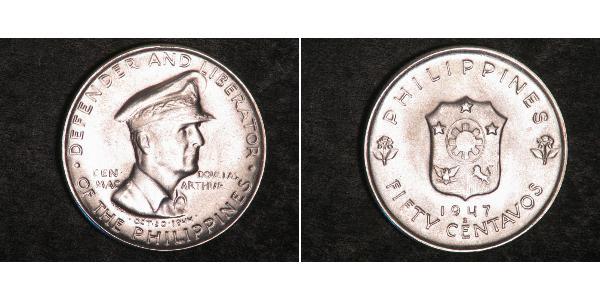 50 Сентаво Филиппины Серебро Douglas MacArthur (1880 - 1964) 