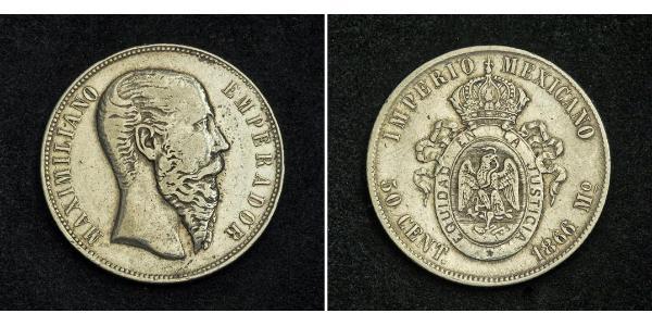 50 Сентаво Second Mexican Empire (1864 - 1867) Срібло Maximilian I of Mexico (1832 - 1867)