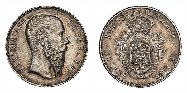 50 Сентаво Second Mexican Empire (1864 - 1867) Срібло Maximilian I of Mexico (1832 - 1867)