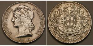 50 Сентаво Перша Португальська Республіка (1910 - 1926) Срібло 