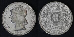 50 Сентаво Перша Португальська Республіка (1910 - 1926) Срібло 