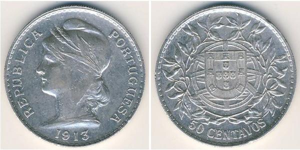 50 Сентаво Перша Португальська Республіка (1910 - 1926) Срібло 