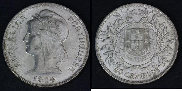 50 Сентаво Перша Португальська Республіка (1910 - 1926) Срібло 