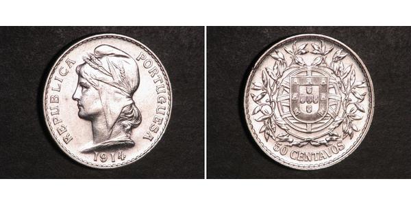 50 Сентаво Перша Португальська Республіка (1910 - 1926) Срібло 