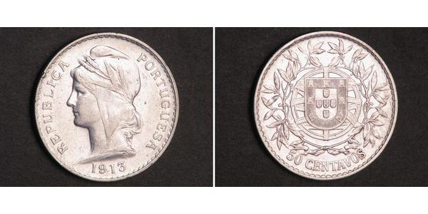 50 Сентаво Перша Португальська Республіка (1910 - 1926) Срібло 